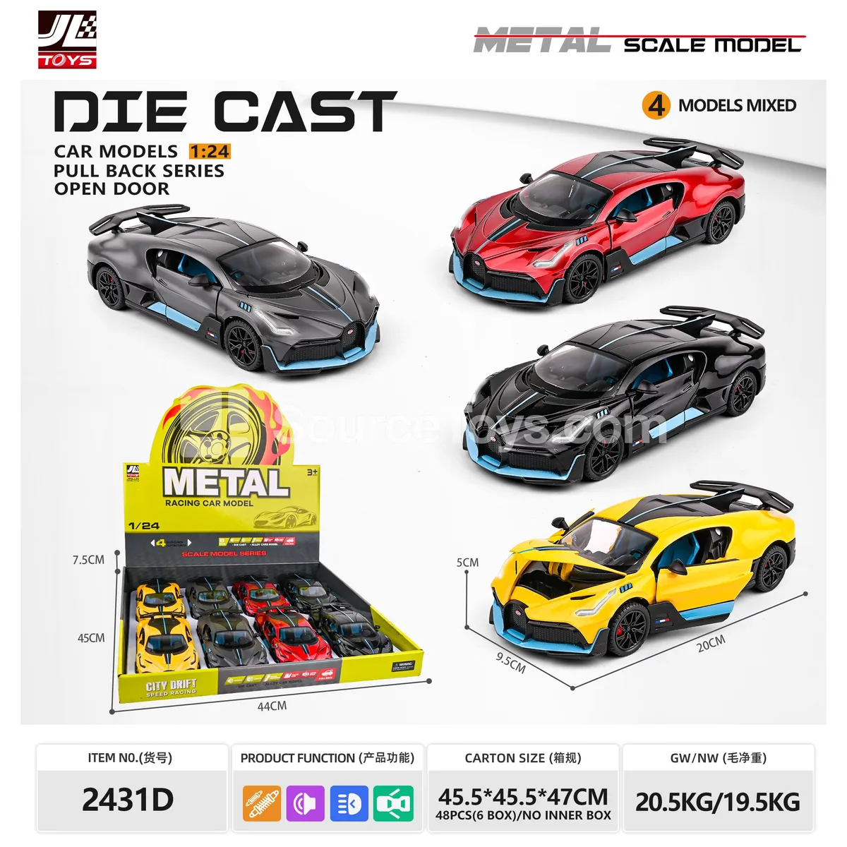 1:24 Scale Die-cast Car Model with Sound, Light, Pull-back, and 4 Openable Doors 1:24 Scale Die-cast Car Model with Sound, Light, Pull-back, and 4 Openable Doors