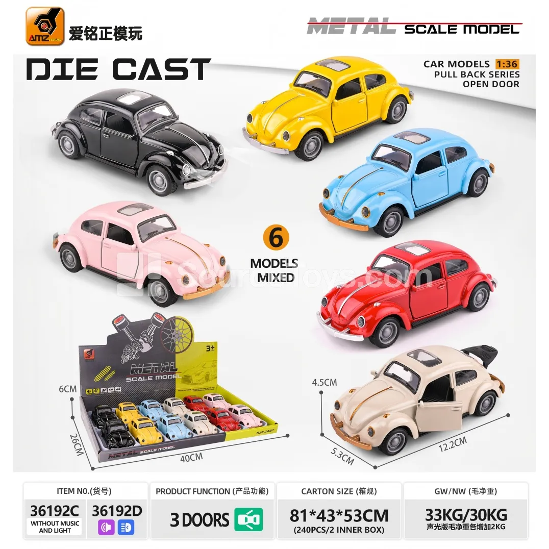 1:36 Alloy Beetle Friction Car Model with 3 Doors, Sound & Light 1:36 Alloy Beetle Friction Car Model with 3 Doors, Sound & Light