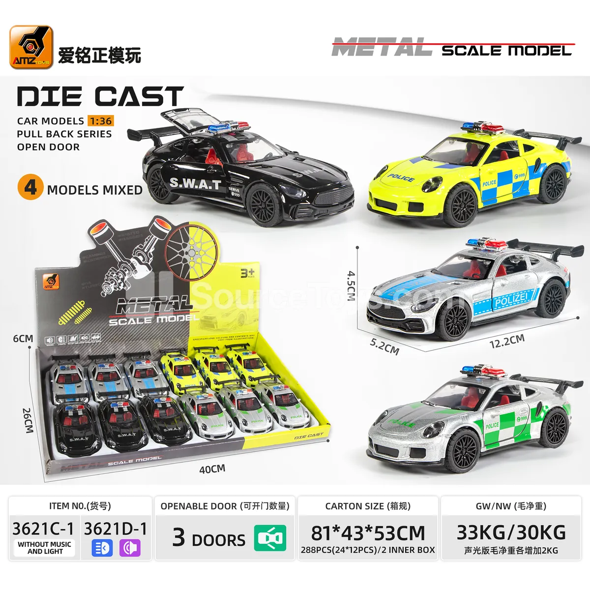 1:36 Alloy Police Car with Sound and Lights, 3-Door and Pull-Back Function 1:36 Alloy Police Car with Sound and Lights, 3-Door and Pull-Back Function