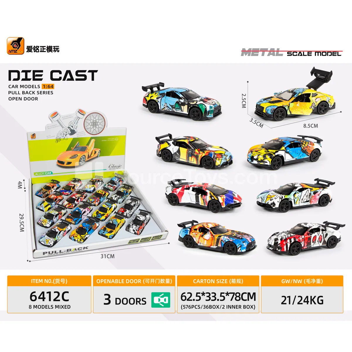 1:64 Alloy 3-Door Friction-Powered Graffiti Sports Car