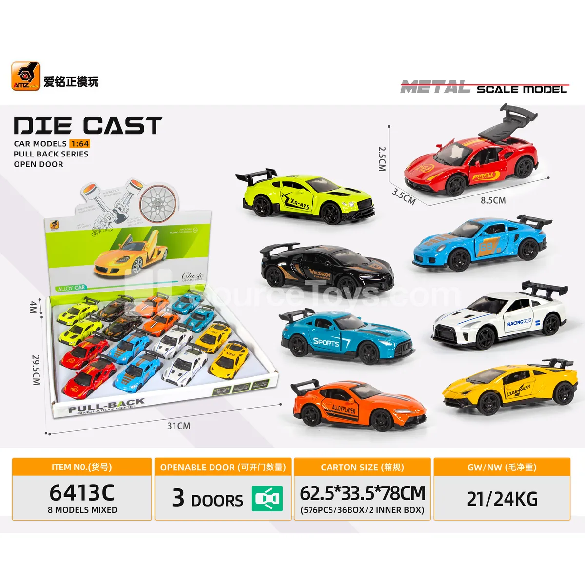 1:64 Die-cast 3-Door Pull-back Race Car
