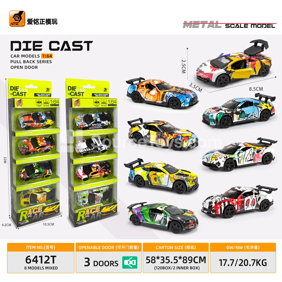 1:64 Scale Alloy Three-Door Pull-Back Graffiti Sports Car