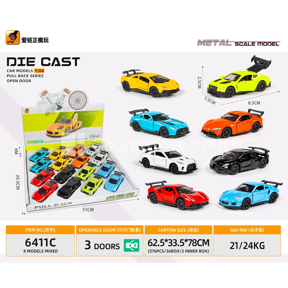 1:64 Alloy Three-door Pull-back Sports Car