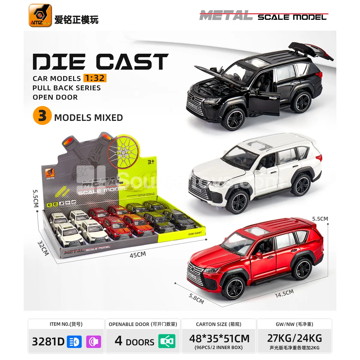 1:32 Alloy Car Model with Light & Sound, Friction Powered, 4 Doors Open, Off-road Style