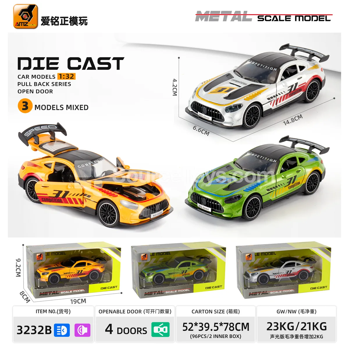 1:32 Die-cast Model Car with Pull Back, 4 Openable Doors, Light & Sound 1:32 Die-cast Model Car with Pull Back, 4 Openable Doors, Light & Sound