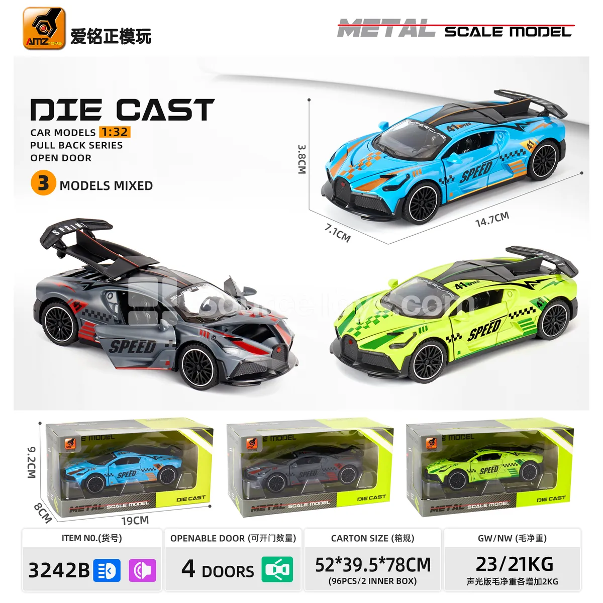 1:32 Alloy Racing Car with Lights & Sounds, 4-Door Opening, Friction Powered 1:32 Alloy Racing Car with Lights & Sounds, 4-Door Opening, Friction Powered