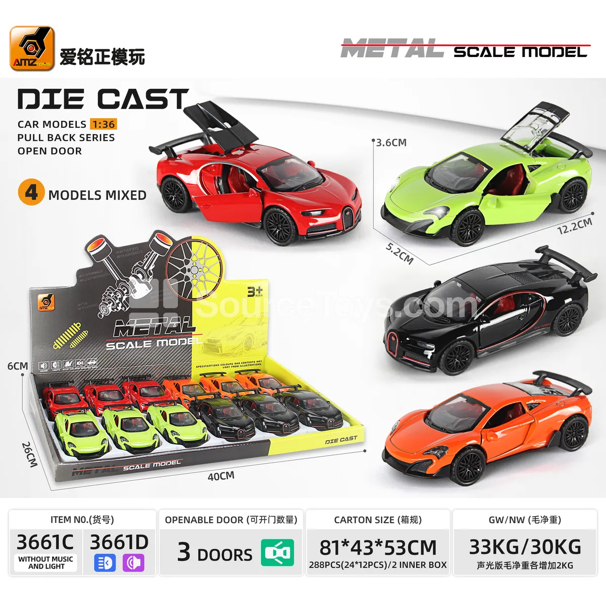 Alloy Diecast Pullback 3-Door Sports Car with Sound and Light (1:36)