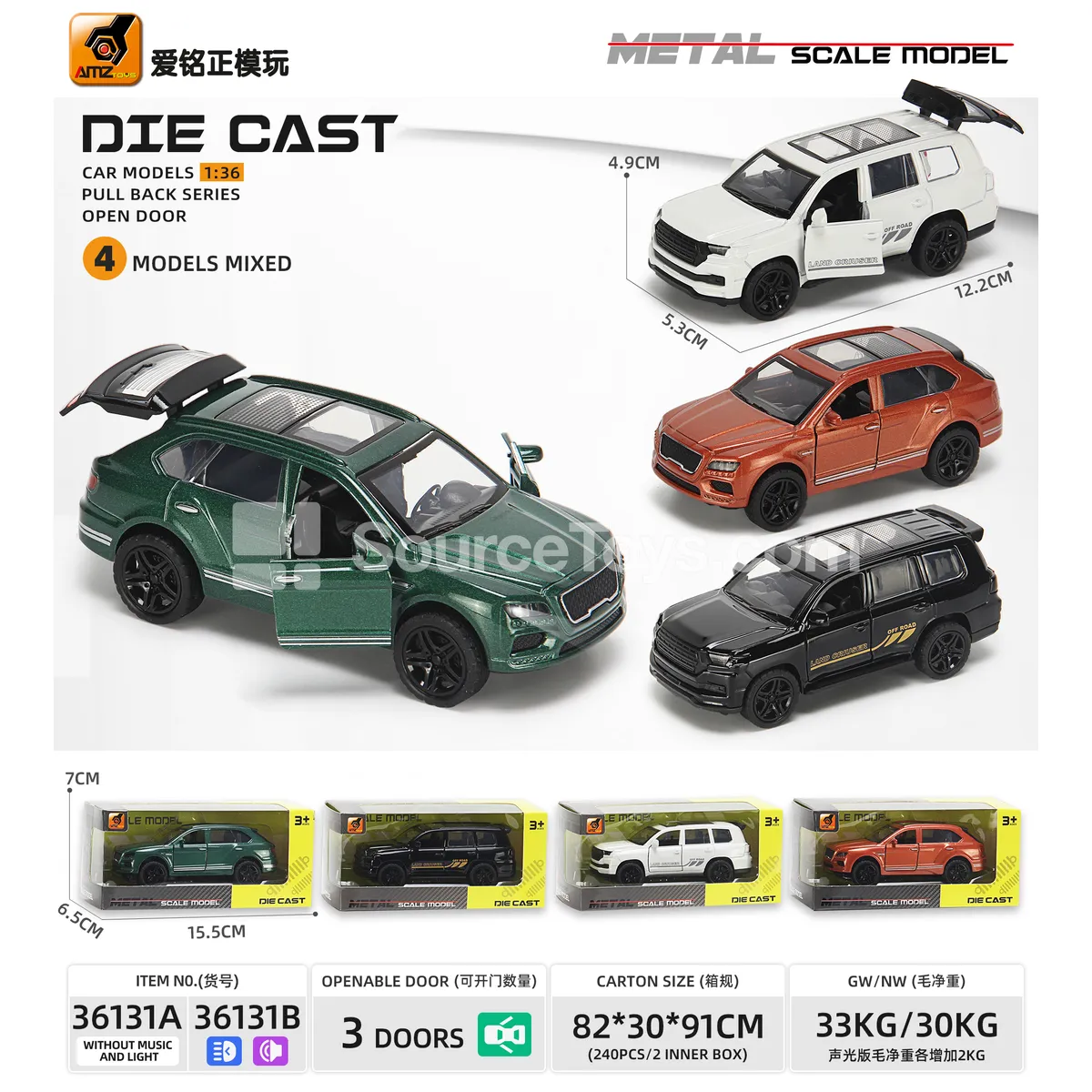1:36 Die-cast Pull-back SUV Model with Sound, Light, and 3 Opening Doors 1:36 Die-cast Pull-back SUV Model with Sound, Light, and 3 Opening Doors