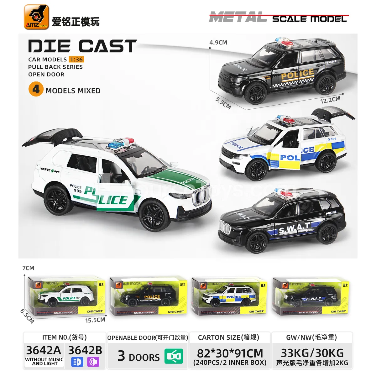 1:36 Die-cast Pull-back Police SUV with Light & Sound, 3 Doors
