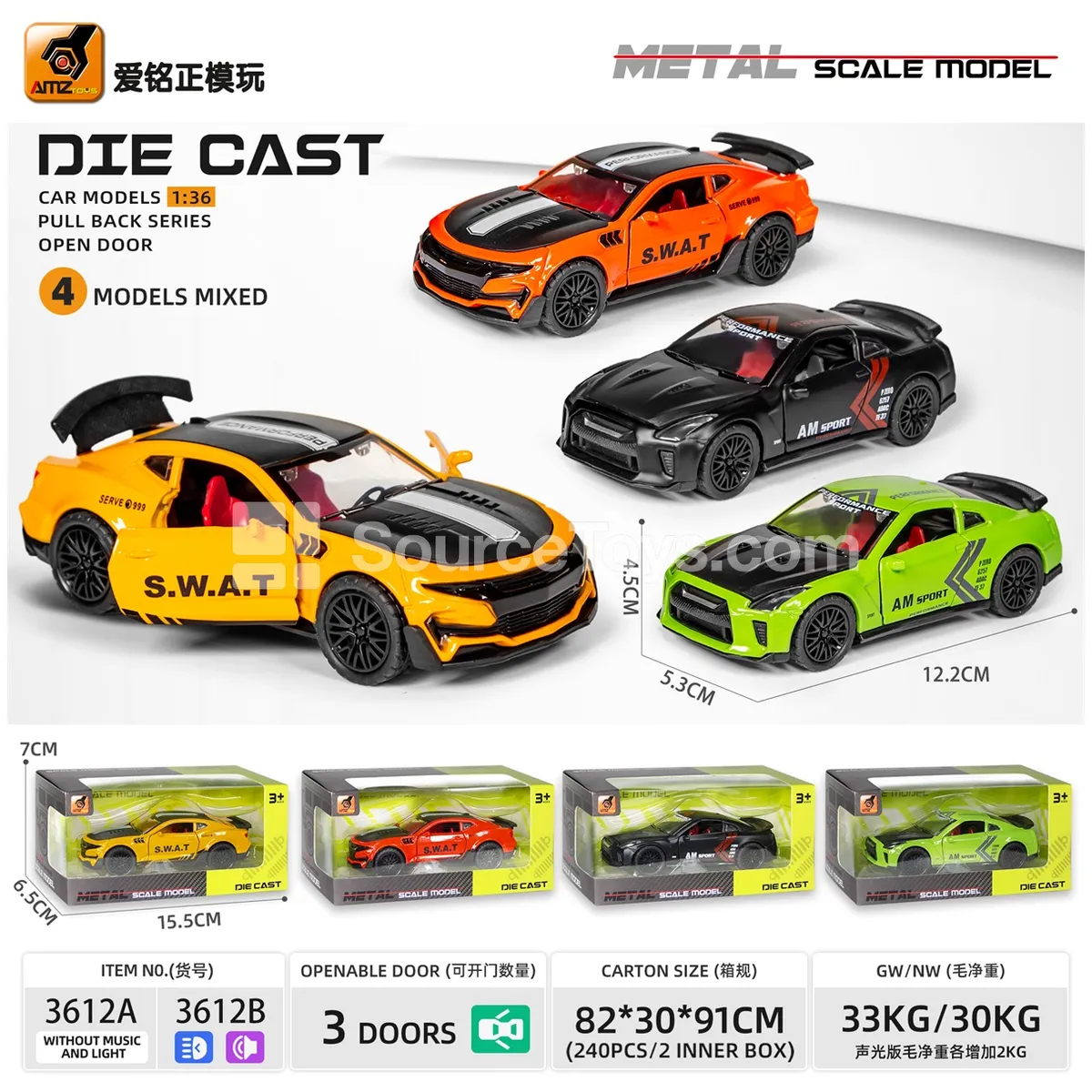 Alloy Friction-Powered Sports Car with Lights & Sounds, 3-Door, Track Edition (1:36)