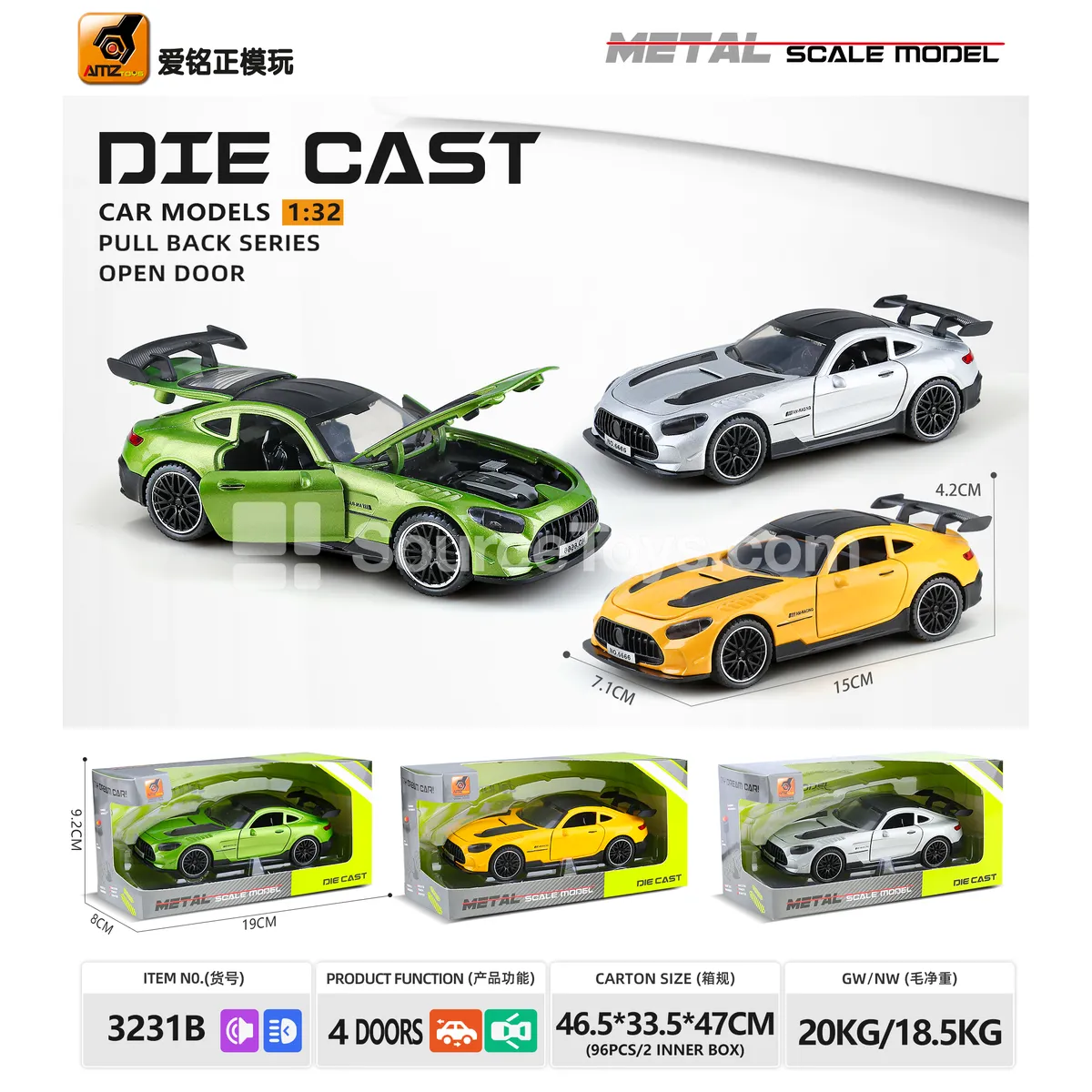 1:32 Scale GT Alloy Car Model with Sound & Light, Pull Back, 4 Open Doors 1:32 Scale GT Alloy Car Model with Sound & Light, Pull Back, 4 Open Doors