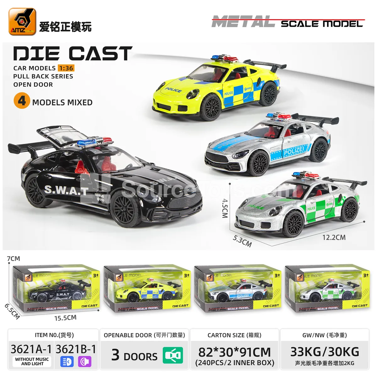 1:36 Die-cast 3-Door Friction Police Car