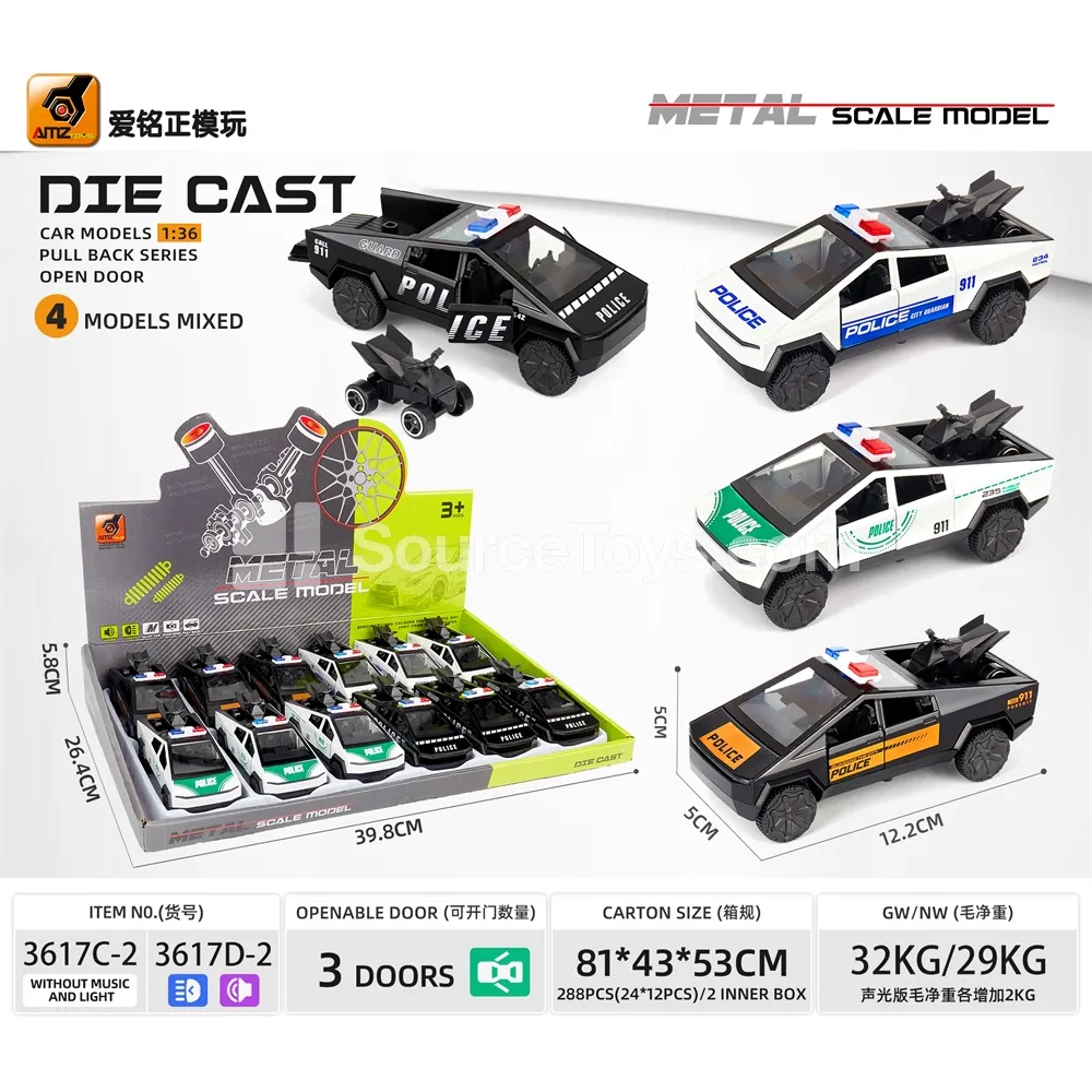 1:36 Die-cast Police Car with 3-opening Doors, Friction-powered, Light & Sound