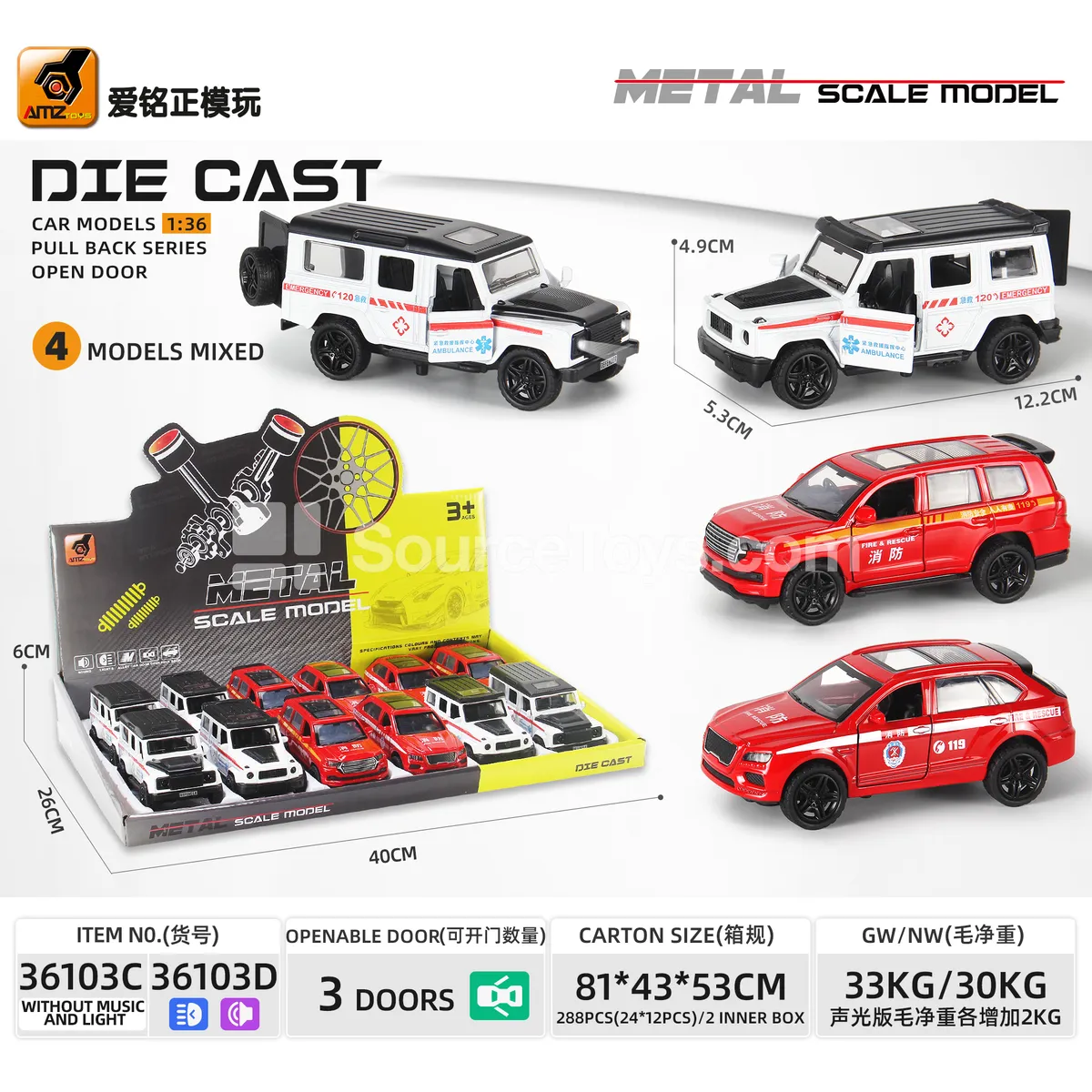 Die-cast 1:36 Fire Rescue SUV with 3 Openable Doors, Light, Sound, and Friction Power