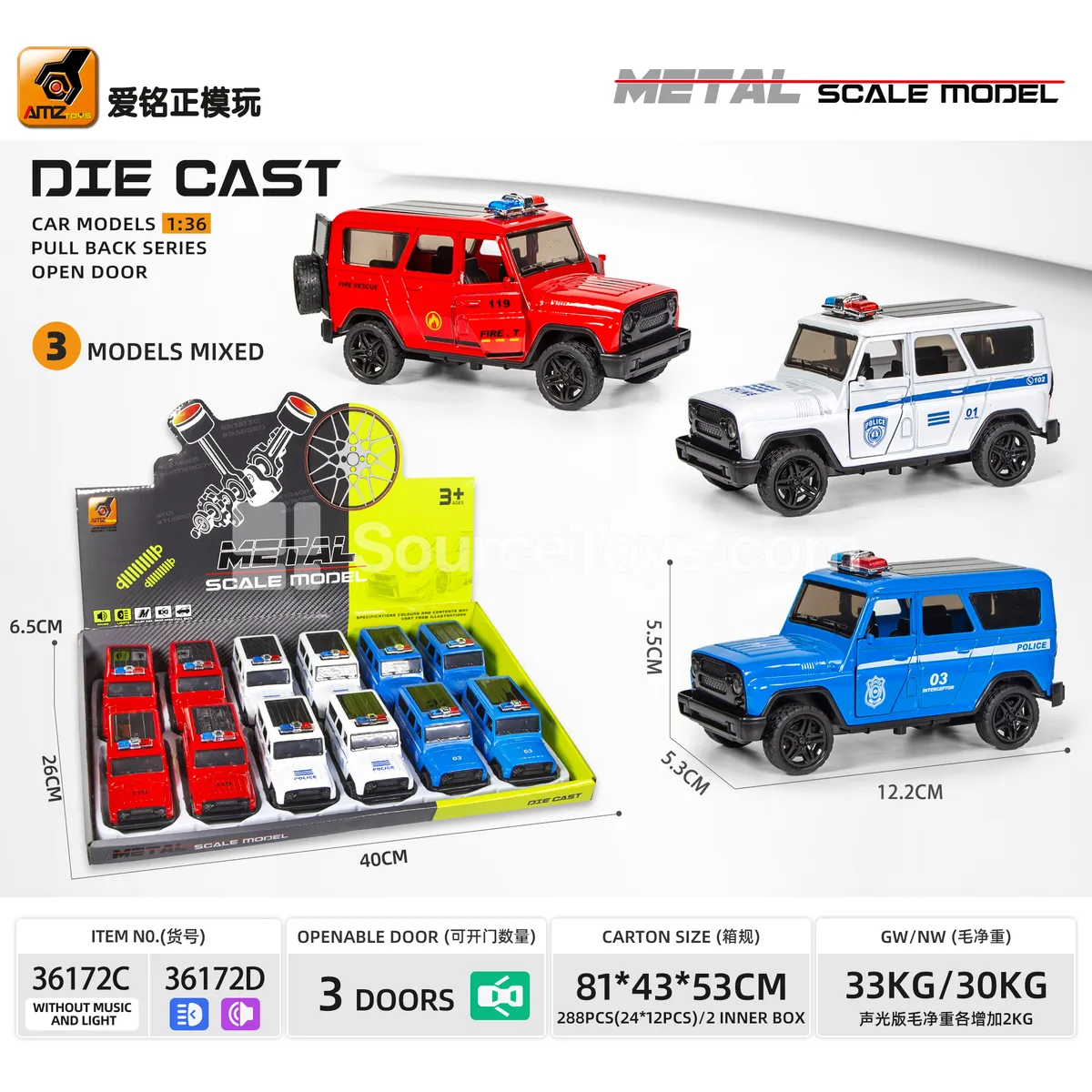 1:36 Die-cast 3-Door Off-road Police Car Model with Friction, Lights, and Sounds