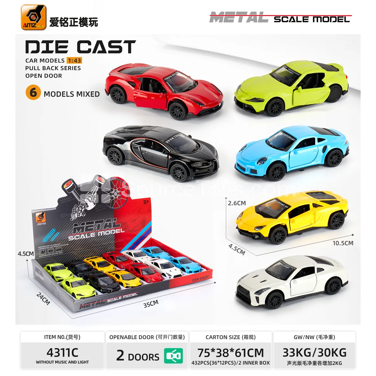 1:43 Die-cast Pullback Opening Door Sports Car