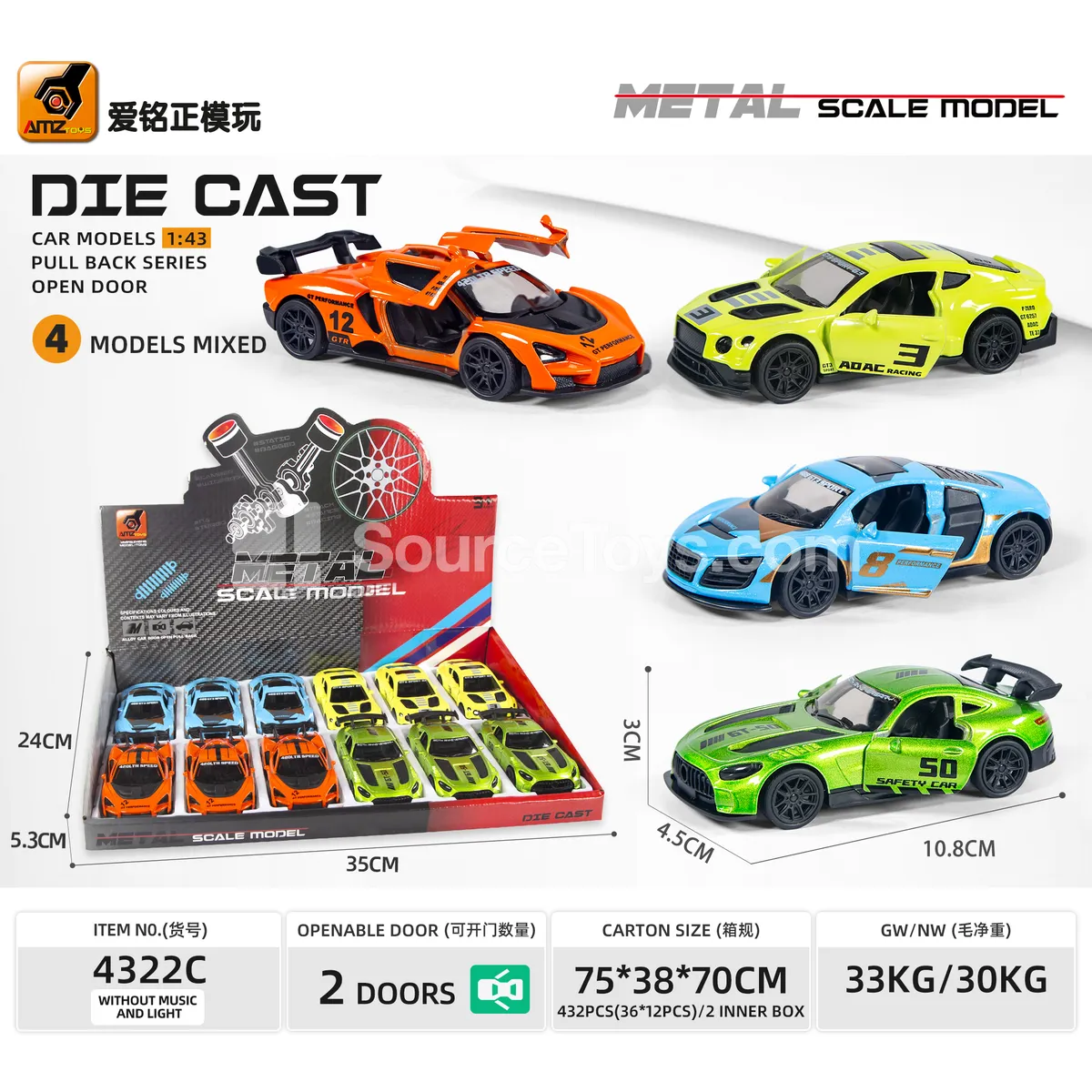 1:43 Alloy Car Model with Pull-back Function, Openable Doors and Race Track