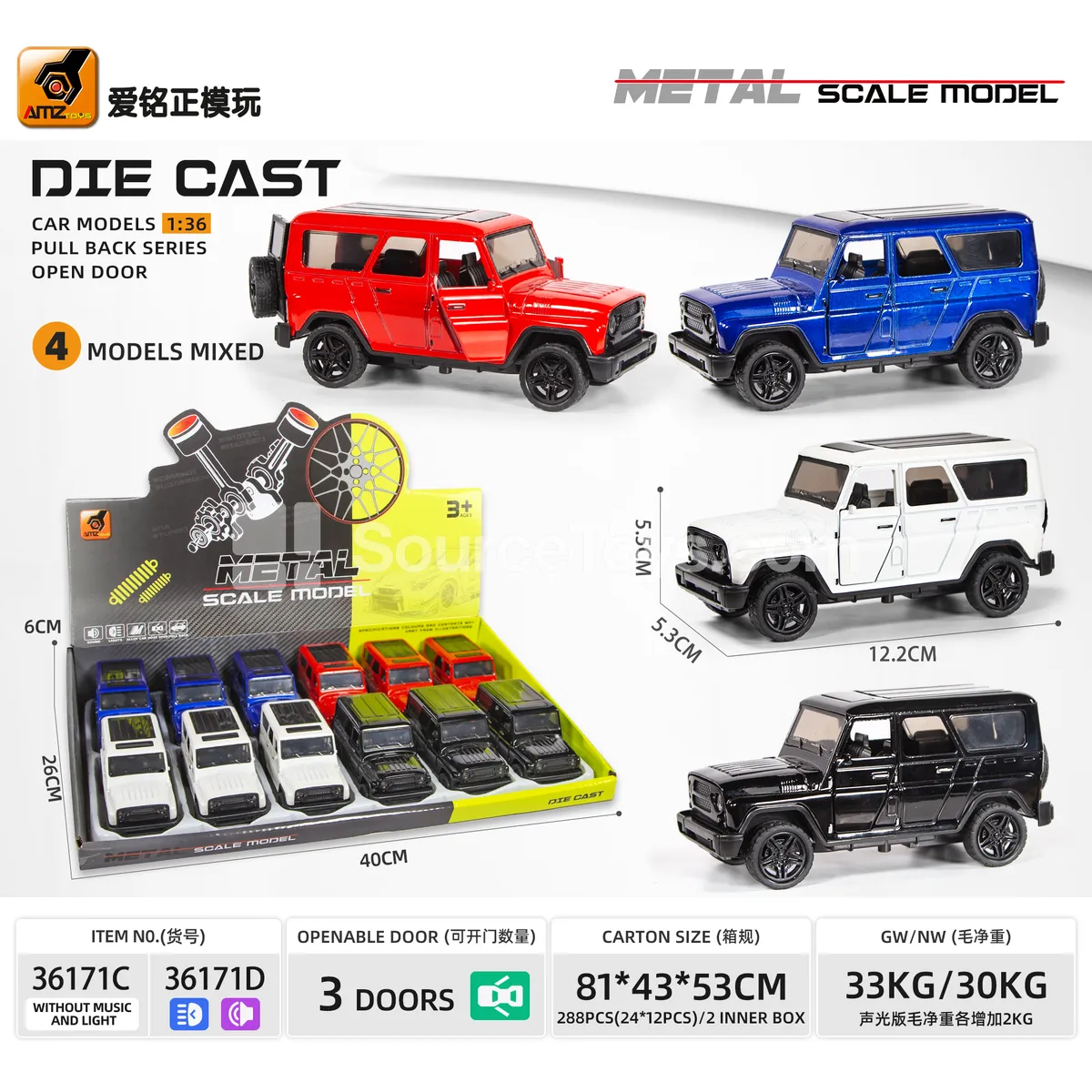 1:36 3-Door Alloy Off-road Vehicle Model with Sound, Light, and Pull Back