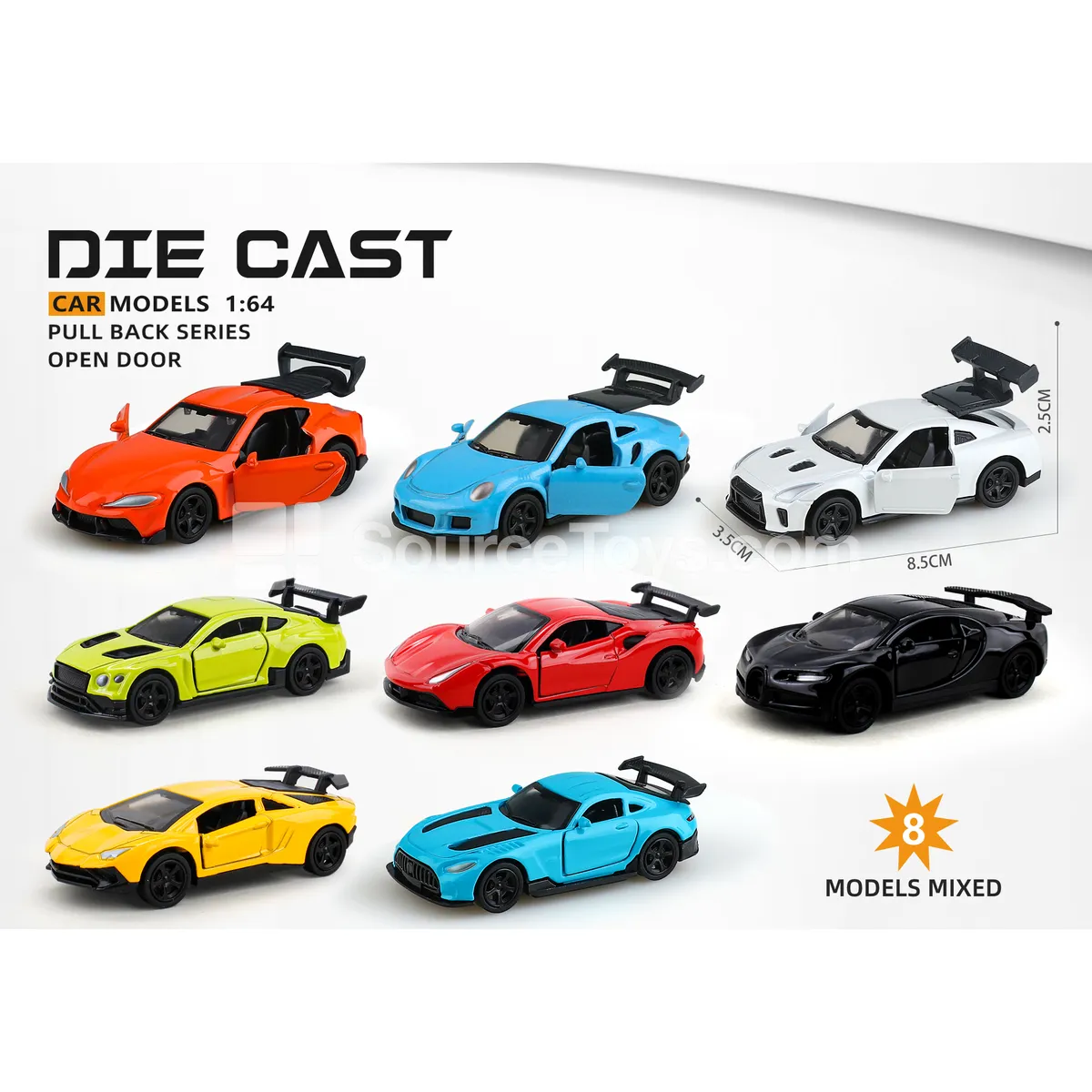 1:64 Die-Cast 3-Door Pullback Sports Car