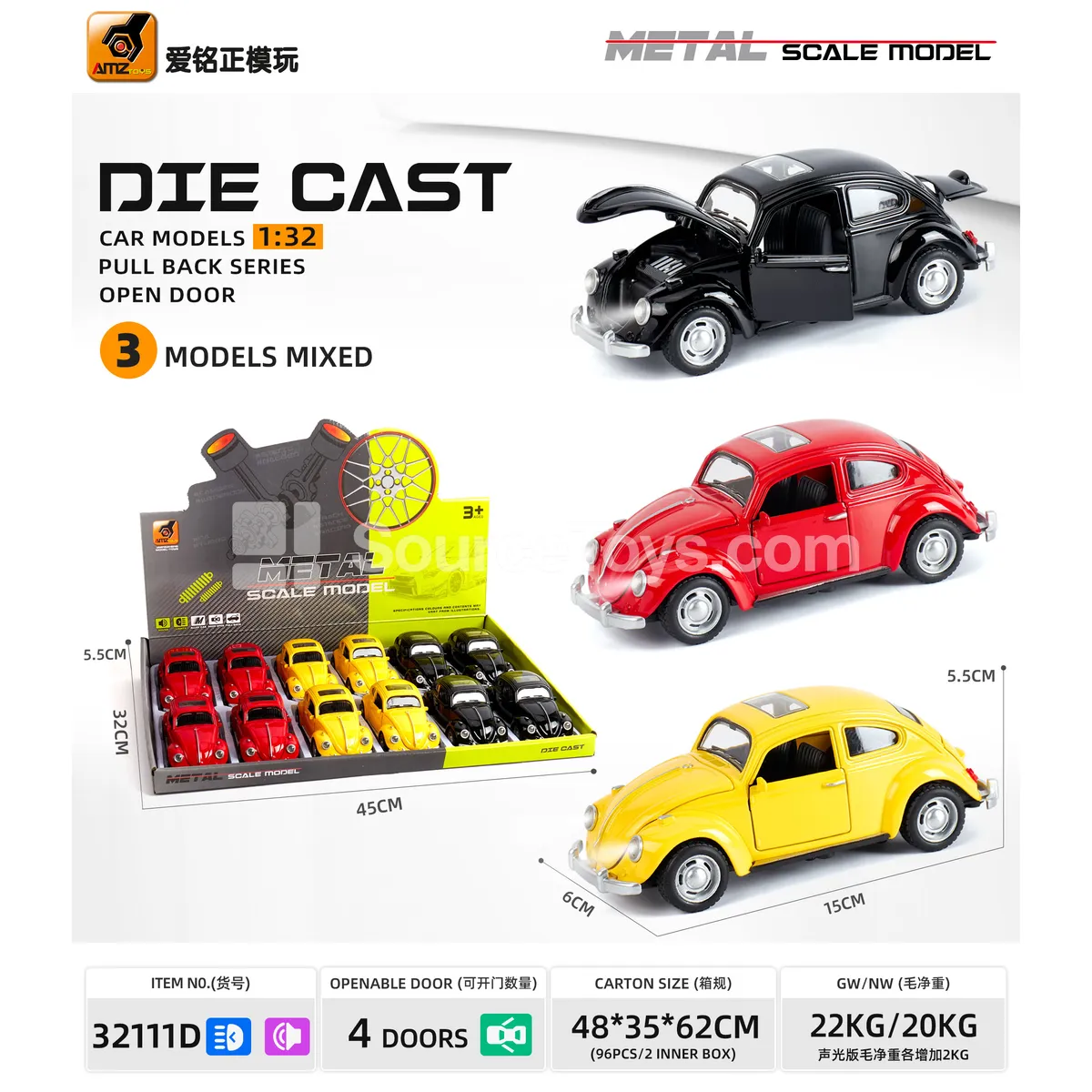 1:32 Die-cast Beetle Model Car with Sound, Light, Pull-back, and 4 Openable Doors 1:32 Die-cast Beetle Model Car with Sound, Light, Pull-back, and 4 Openable Doors