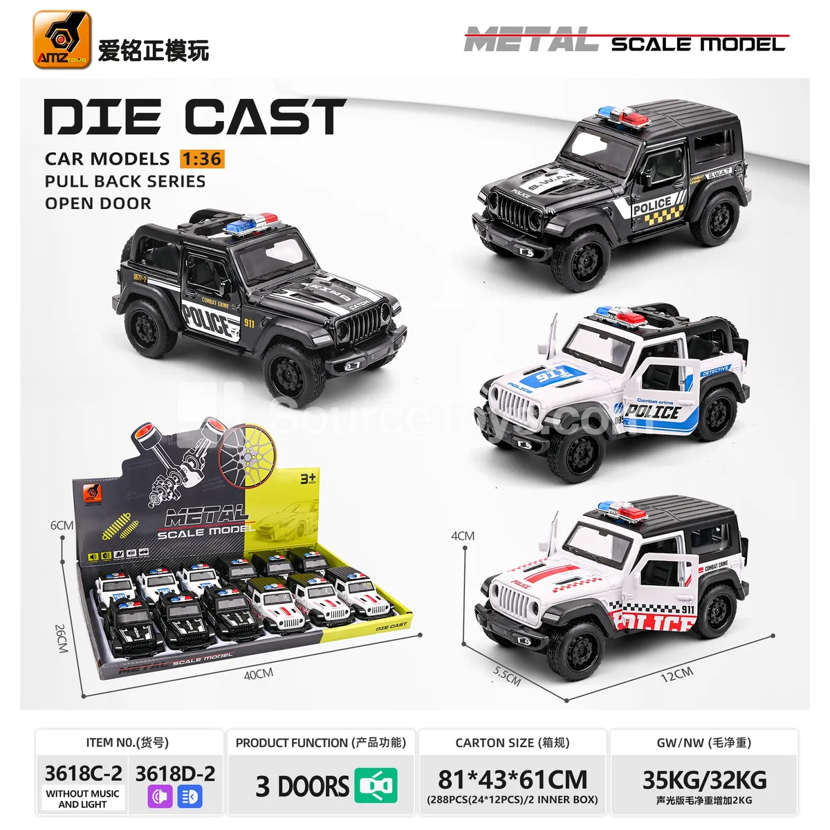 Alloy Die-cast 1:36 SUV Police Car with Pull-Back Action & 3 Opening Doors Alloy Die-cast 1:36 SUV Police Car with Pull-Back Action & 3 Opening Doors