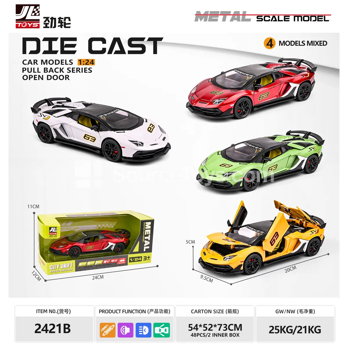 1:24 Alloy Die-Cast Car Model with Sound & Light, Friction-Powered, 4-Door Opening 1:24 Alloy Die-Cast Car Model with Sound & Light, Friction-Powered, 4-Door Opening