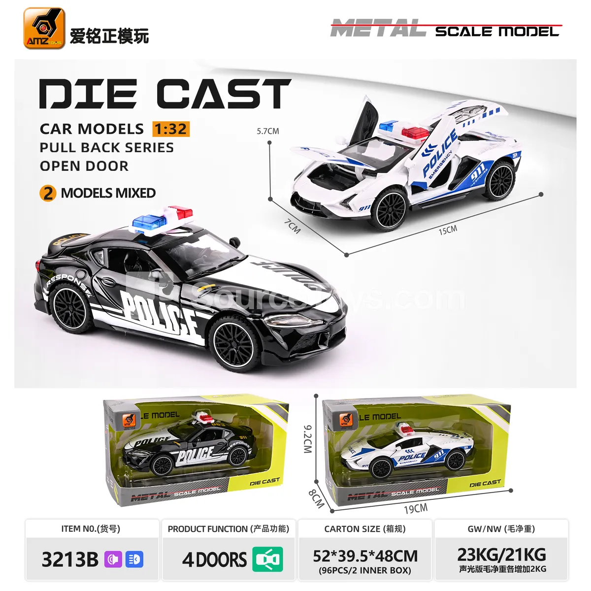 1:32 Police Car with Light and Sound, Alloy Model, Friction Powered, 4 Doors Opening 1:32 Police Car with Light and Sound, Alloy Model, Friction Powered, 4 Doors Opening