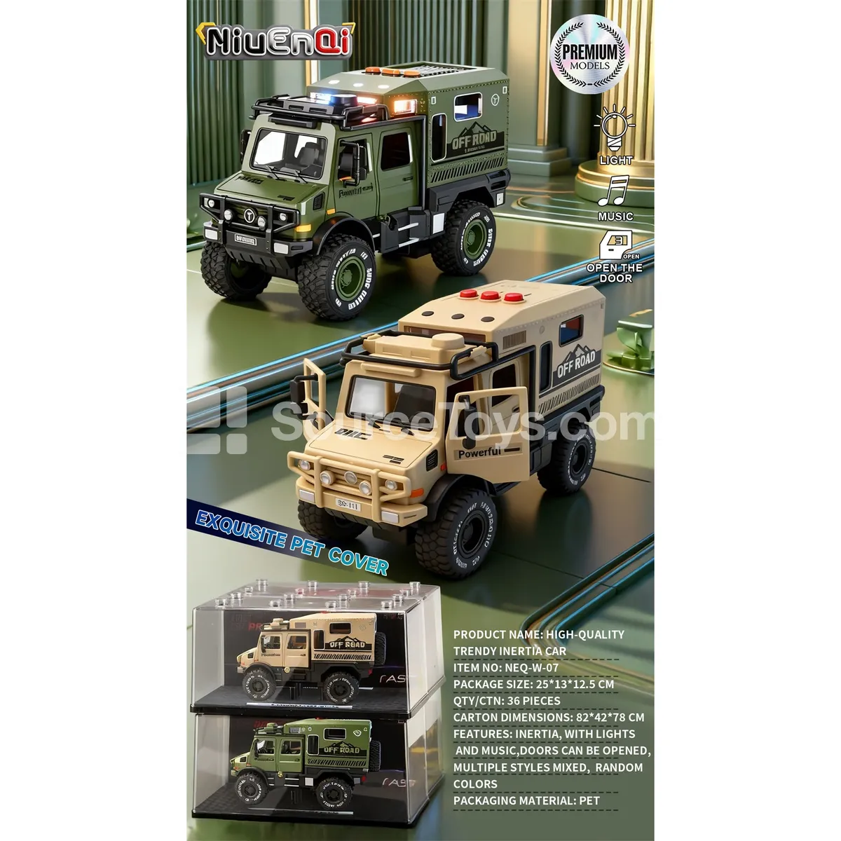 1:24 Unimog Mercedes-style Die-cast Car with Lights, Music, Opening Doors, Inertia, and Acrylic Display Cover