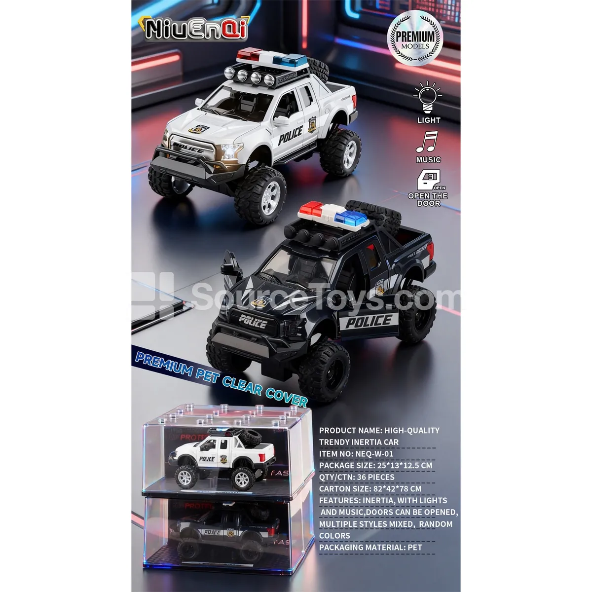 1:24 Raptor Police Car with Lights, Music, Opening Doors, Friction Power & Acrylic Display Case 1:24 Raptor Police Car with Lights, Music, Opening Doors, Friction Power & Acrylic Display Case