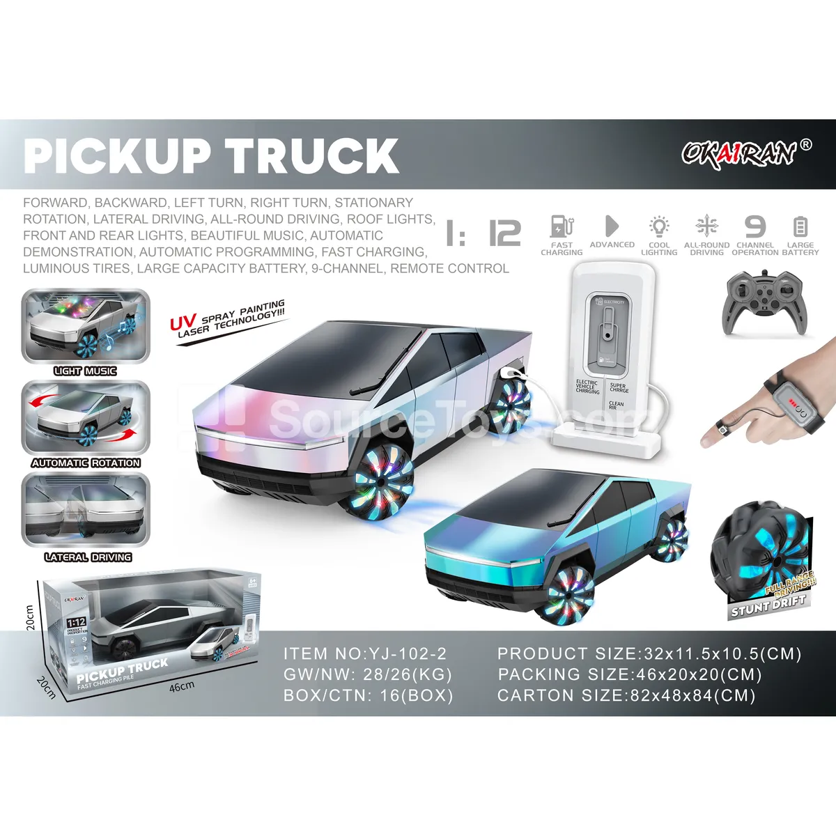 1:12 2.4G Remote Control Cybertruck with Charging Station, LED Lights & Music, 9-Channel Stunt, Side Wheels, One-Key Parking, 2-in-1 RC Watch, Gesture Control (Battery Included) 1:12 2.4G Remote Control Cybertruck with Charging Station, LED Lights & Music, 9-Channel Stunt, Side Wheels, One-Key Parking, 2-in-1 RC Watch, Gesture Control (Battery Included)