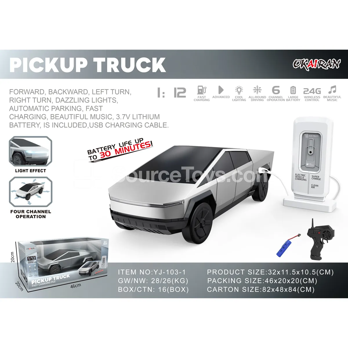 1:12 6-Channel 2.4G Remote Control Electric Pickup with Charging Station, Lights, Music, and Auto Parking 1:12 6-Channel 2.4G Remote Control Electric Pickup with Charging Station, Lights, Music, and Auto Parking