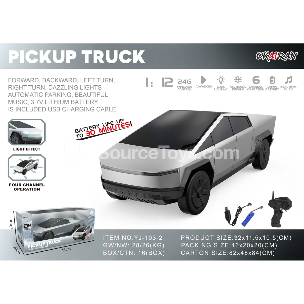 1:12 Scale 6-Channel 2.4G RC Electric Pickup Truck with Lights, Music, and Auto Parking 1:12 Scale 6-Channel 2.4G RC Electric Pickup Truck with Lights, Music, and Auto Parking
