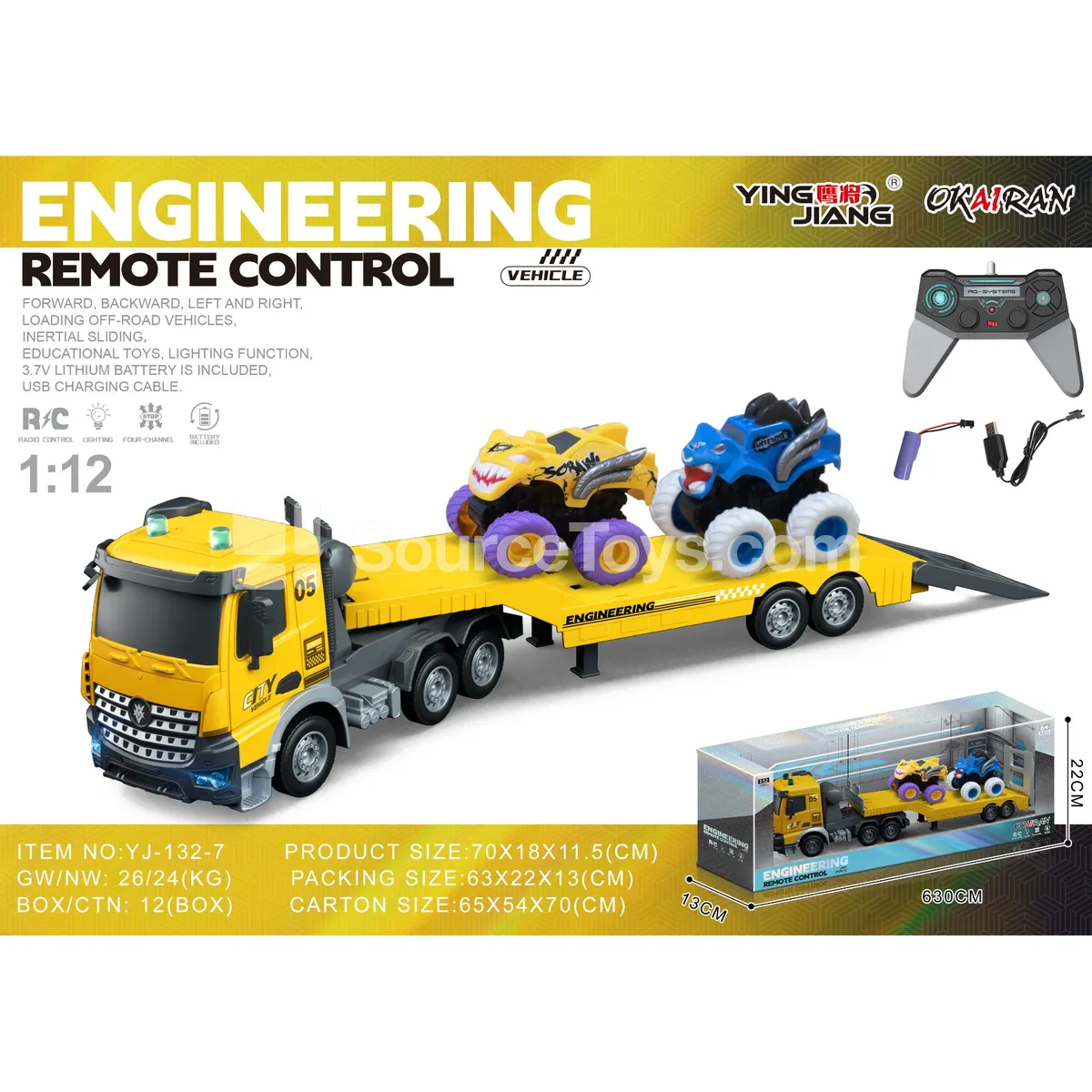 1:12 Multi-Function 4-Channel RC Transport Truck with Inertia Cars, Battery Included