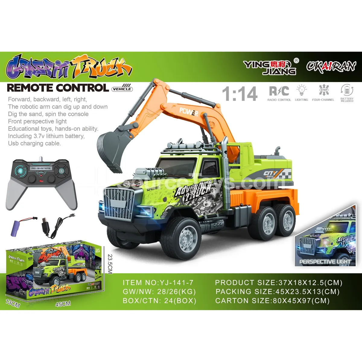 1:14 Multifunctional 4-Channel Remote Control Graffiti Engineering Vehicle with Lights, Battery Included 1:14 Multifunctional 4-Channel Remote Control Graffiti Engineering Vehicle with Lights, Battery Included