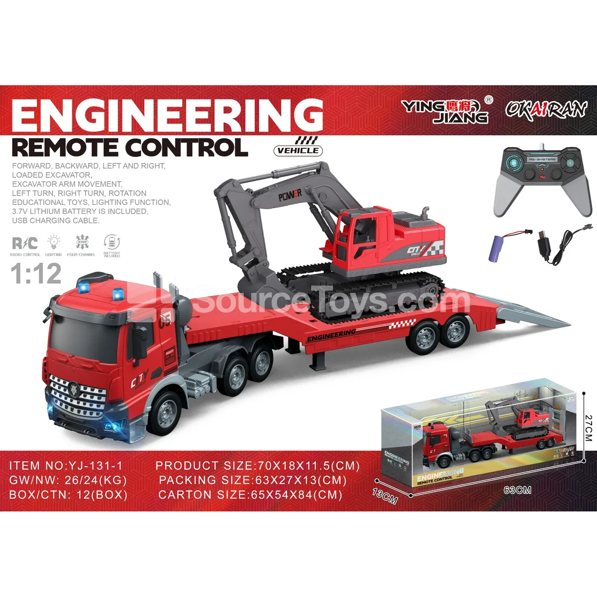 1:12 Multifunctional 4-Channel RC Truck with Trailer and Excavator, Battery Included
