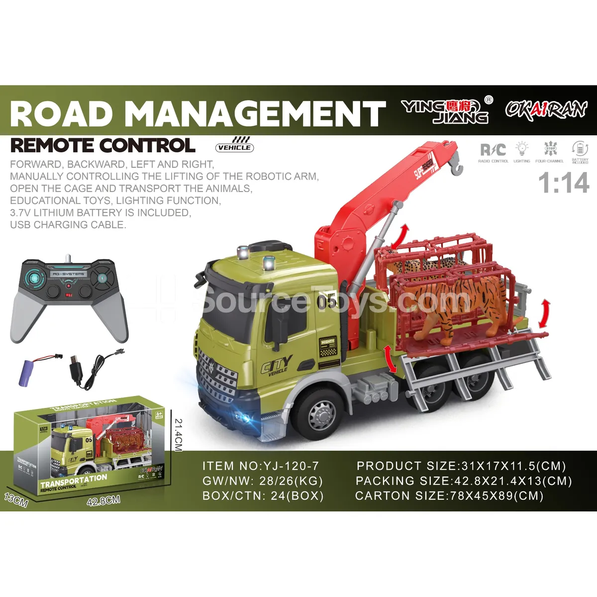 1:14 Multi-Function 4-Channel RC Transport Crane Truck with Animals, Battery Included