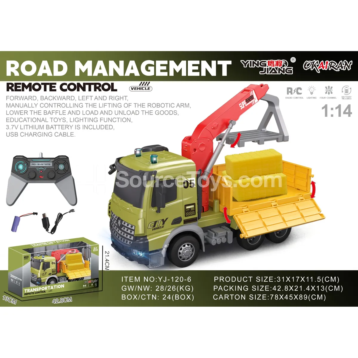 1:14 Multi-Function 4-Channel RC Transport Crane Truck with Cargo, Battery Included
