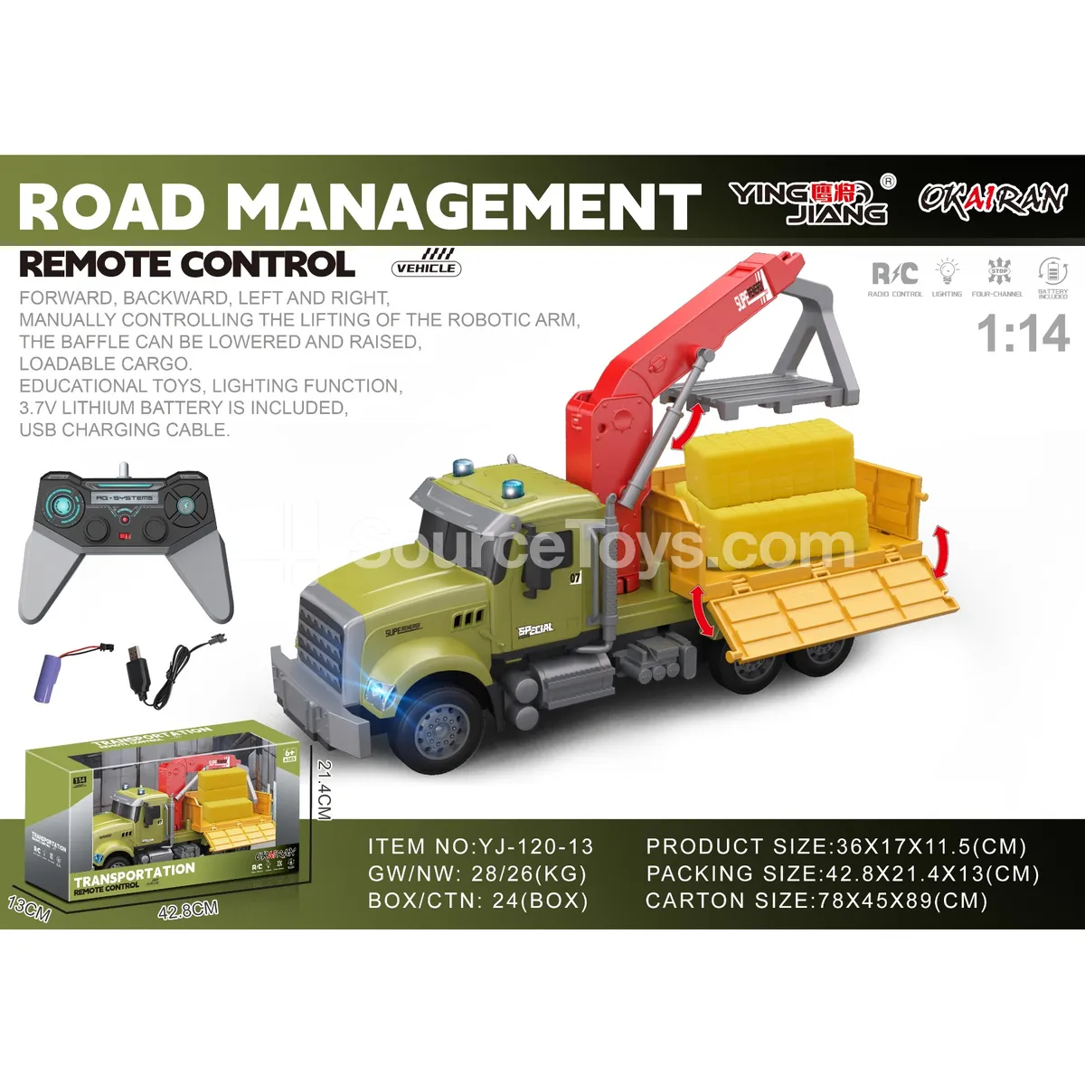 1:14 Multifunctional 4-Channel RC Transport Crane Truck with Cargo, Battery Included
