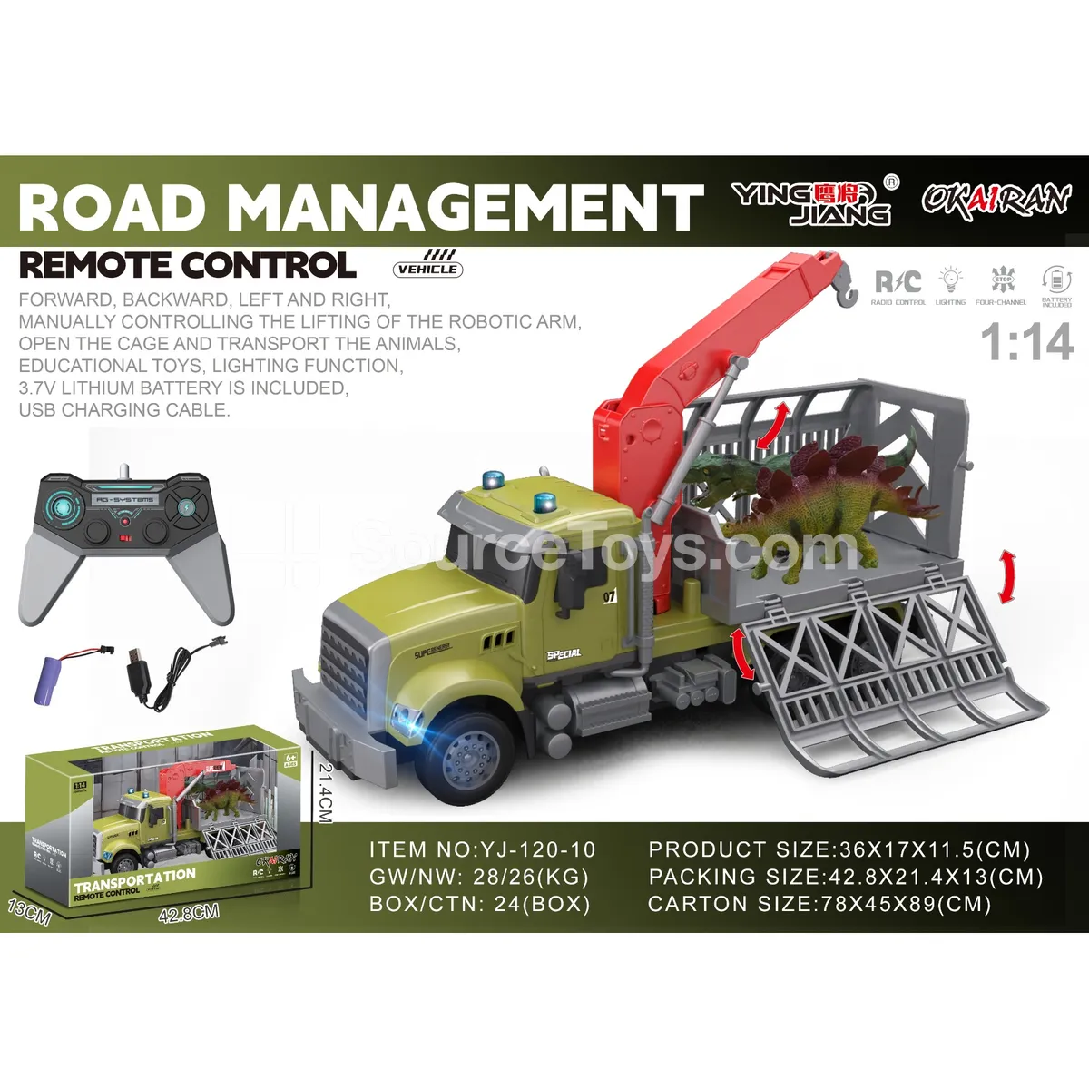 1:14 Multi-Function 4-Channel RC Transport Crane Truck with Dinosaur, Battery Included
