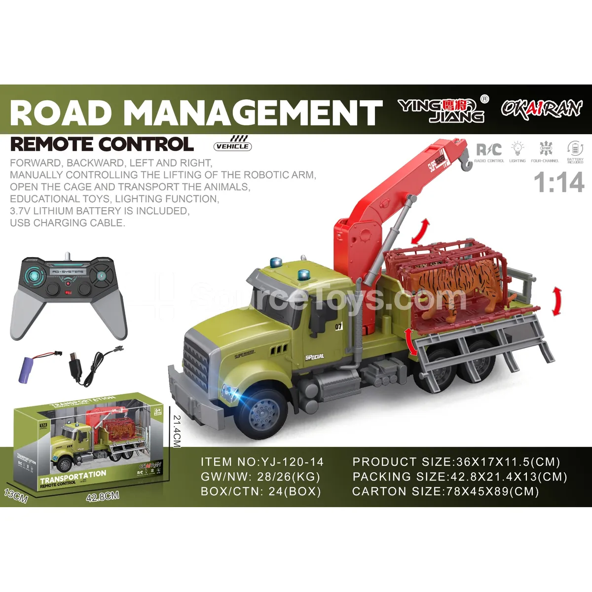 1:14 Multi-function 4-Channel RC Transport Crane Truck with Animals, Battery Included