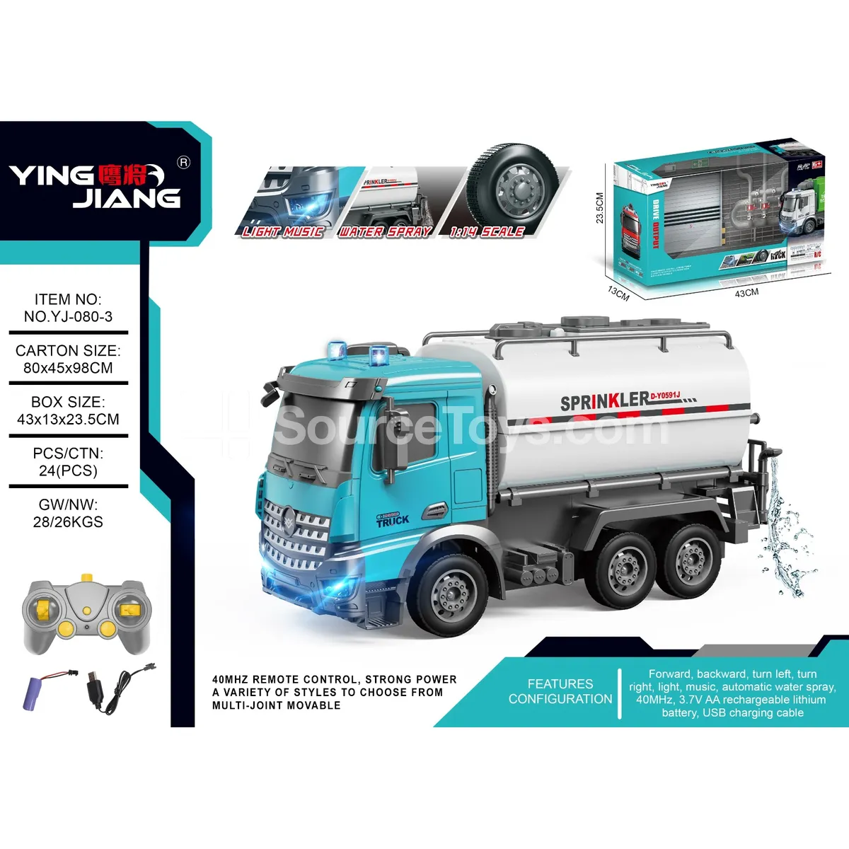 1:14 Multi-function 5-Channel RC Engineering Water Sprinkler Truck with Lights and Music