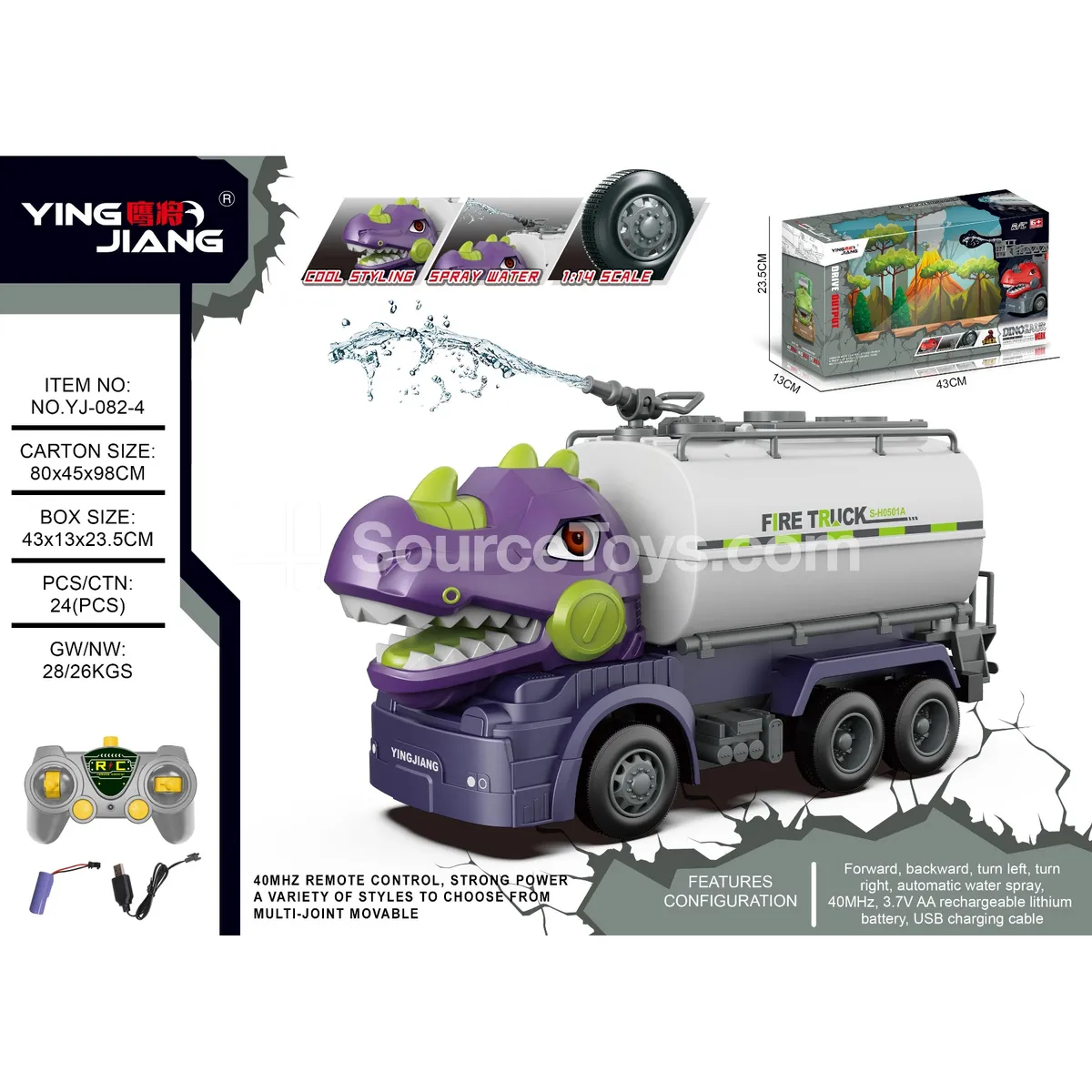 1:14 Remote Control Fire Truck with Water Spray and Dinosaur Design, Battery Included