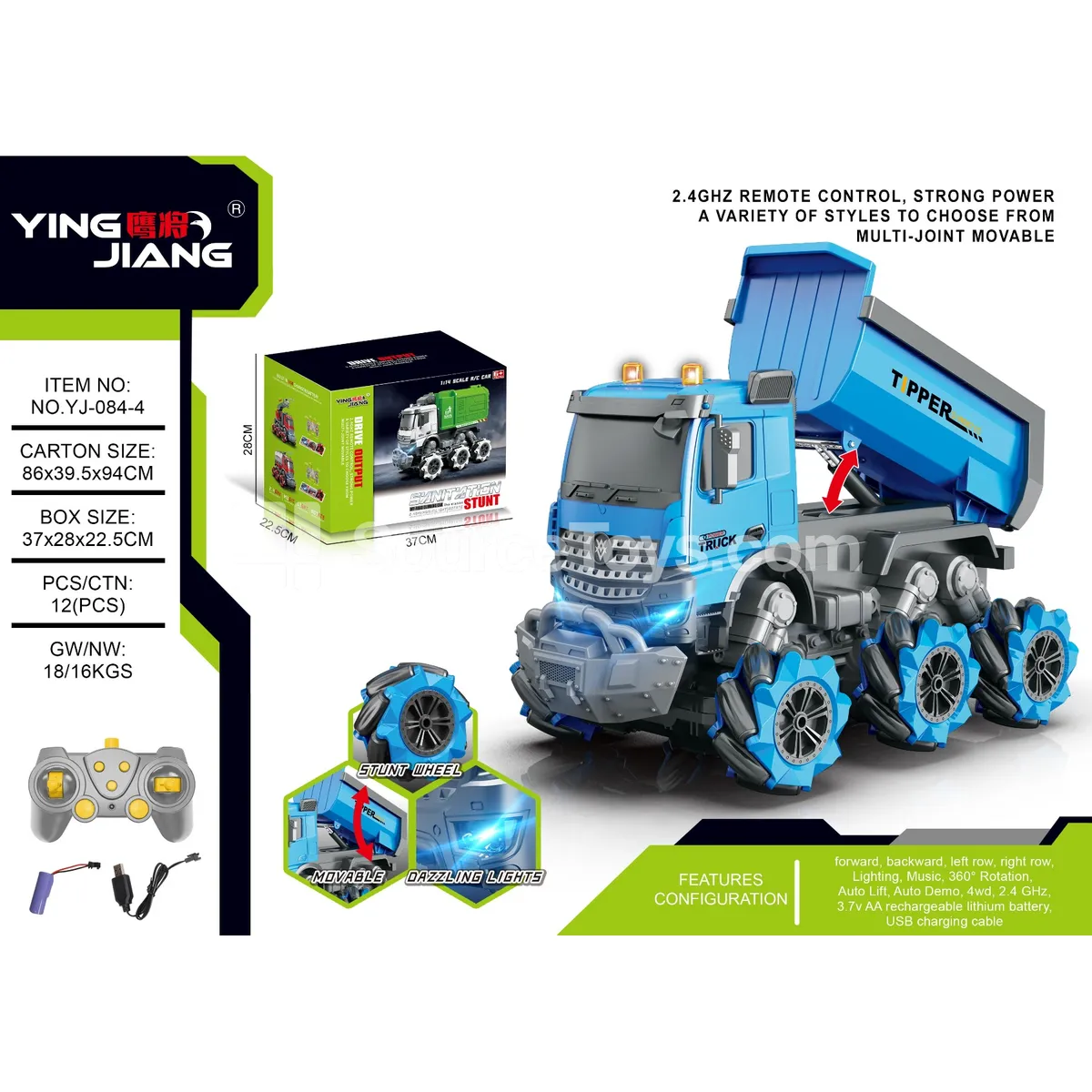 1:14 Multi-Function RC Dump Truck with Side Tilt, Lights and Music, Battery Included