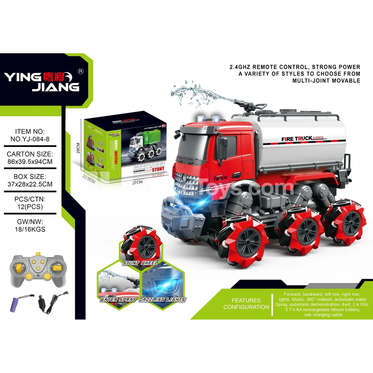 1:14 Multi-function Remote Control Fire Truck with Water Spray, Side Movement, Lights & Music, Battery Included