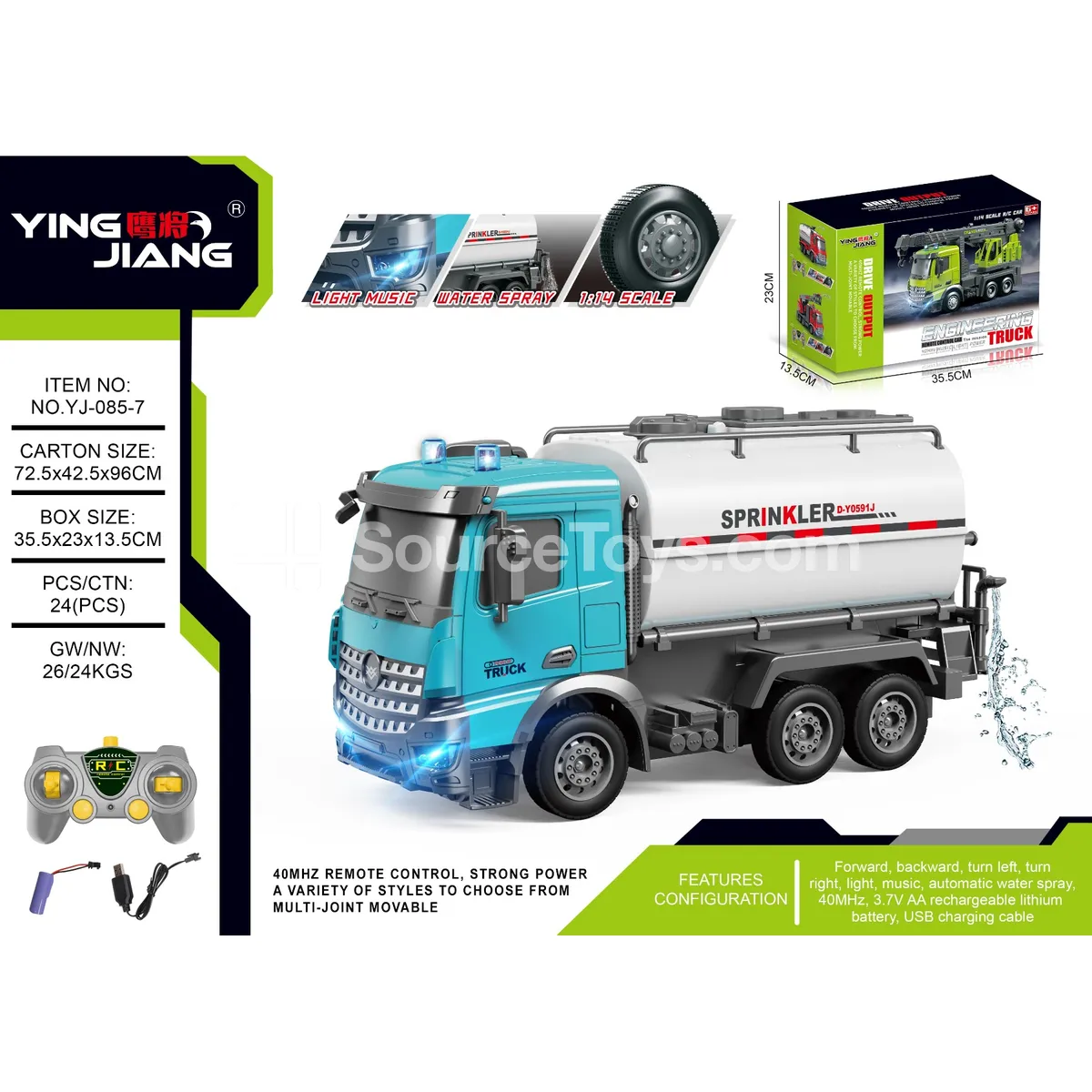 1:14 Multifunctional Remote Control Watering Sanitation Truck with Lights & Music, Battery Included
