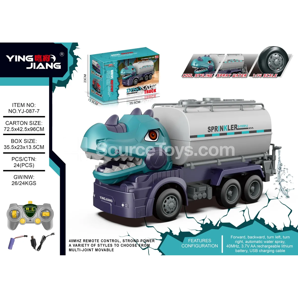 1:14 Remote Control Multi-function Dinosaur Sanitation Sprinkler Truck with Batteries 1:14 Remote Control Multi-function Dinosaur Sanitation Sprinkler Truck with Batteries