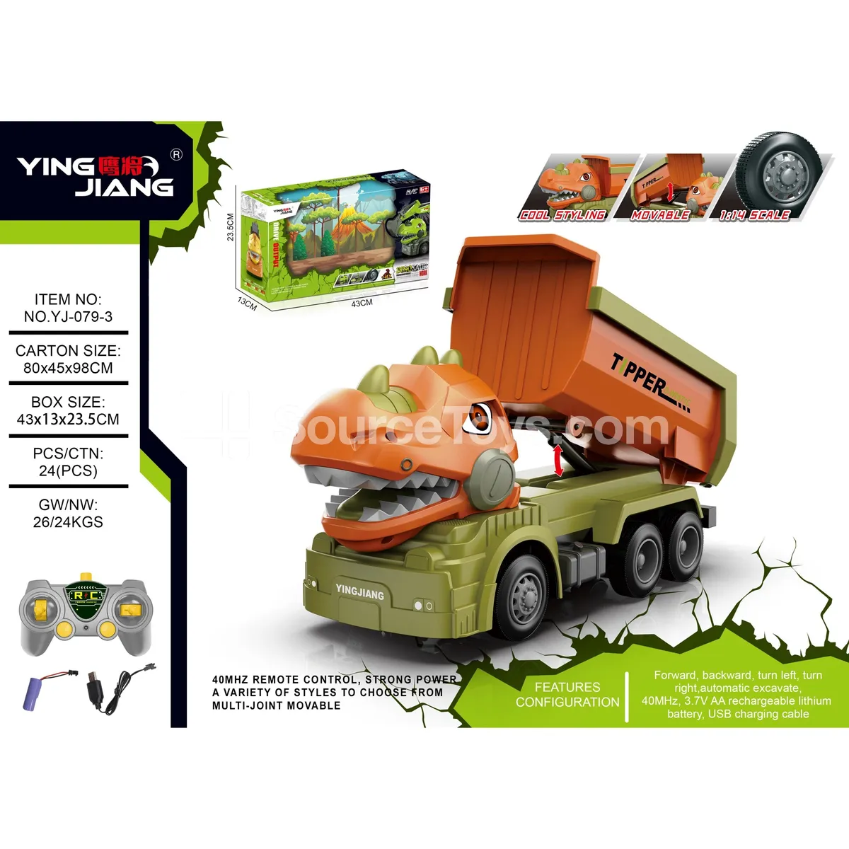 1:14 7-Channel Dinosaur Dump Truck RC Vehicle