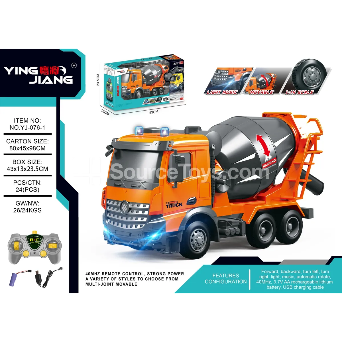 1:14 7-Channel Multi-Function Mixing Engineering RC Truck with Battery
