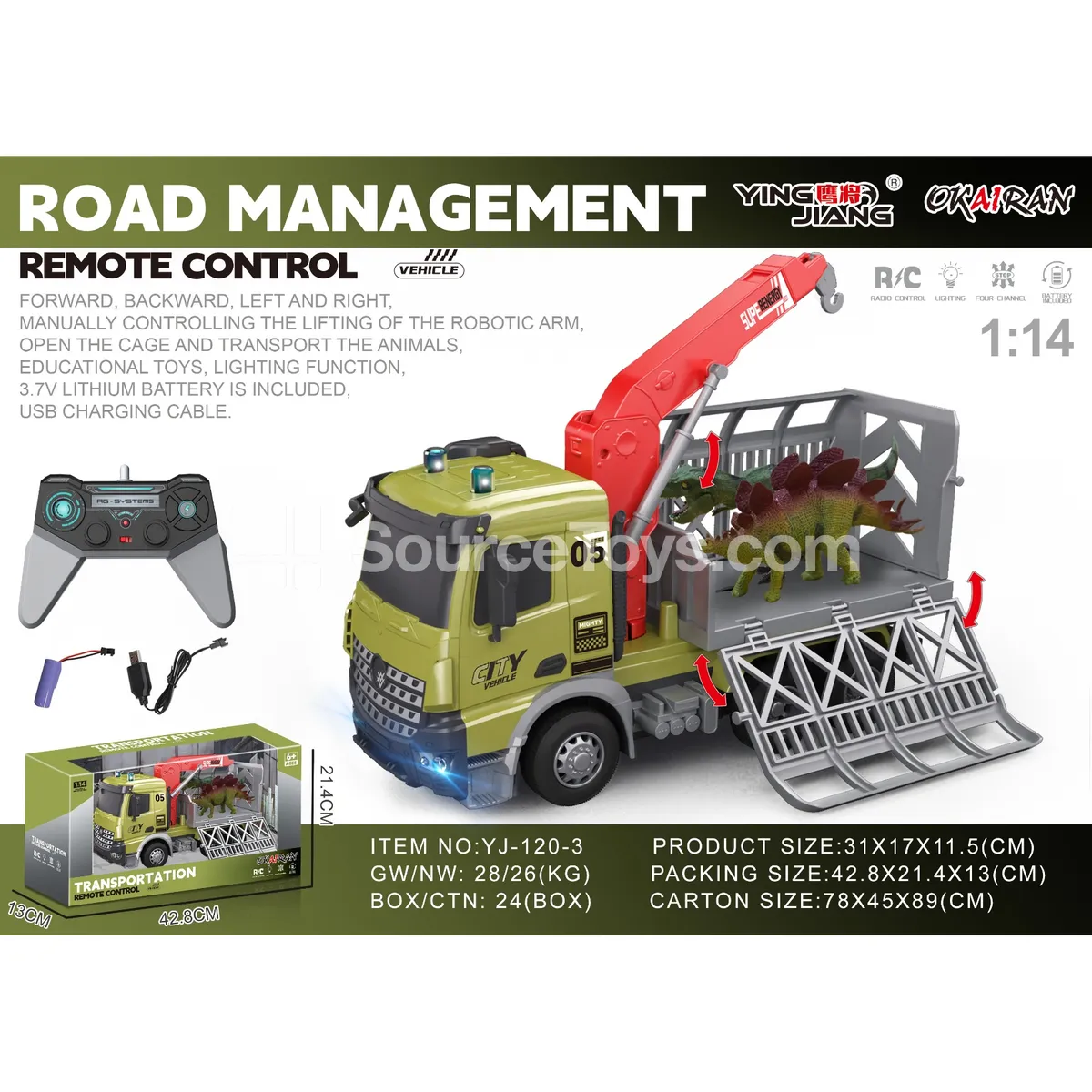 1:14 Multi-Function 4-Channel RC Transport Crane Truck with Dinosaur, Battery Included 1:14 Multi-Function 4-Channel RC Transport Crane Truck with Dinosaur, Battery Included