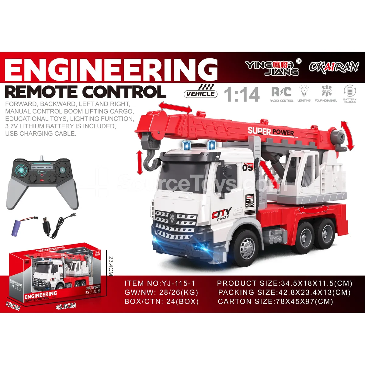 1:14 4-Channel Remote Control Crane Truck, Battery Included